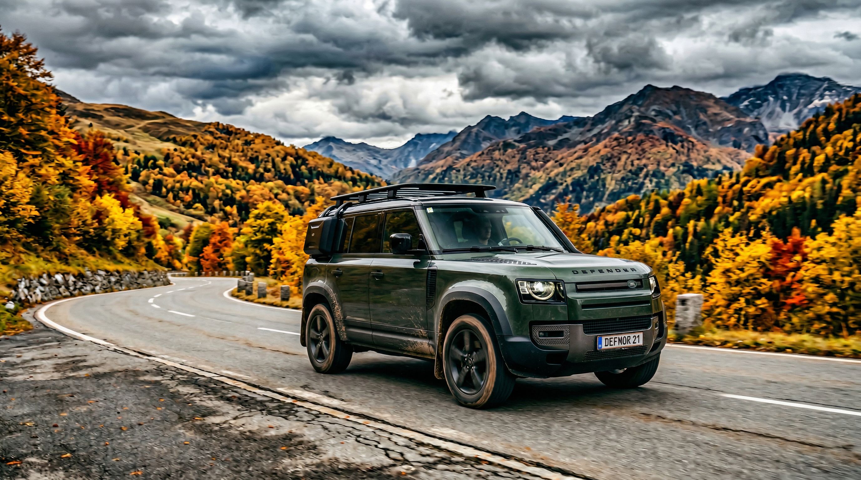 Land Rover Defender auf herbstlicher Bergstraße
